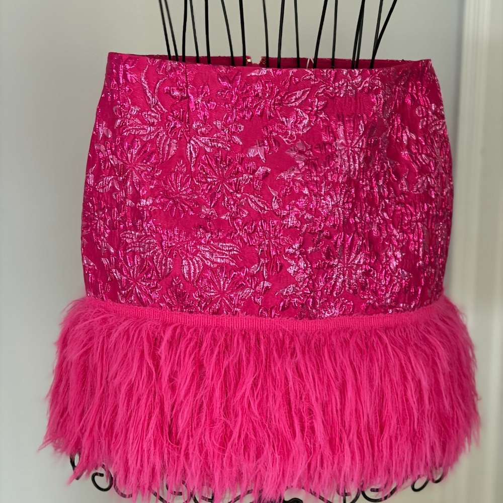 Lilly Pulitzer Vibrant Pink Embossed Mini Skirt with Feather Trim